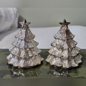 Vintage Christmas Tree Salt and Pepper Shaker Set Silver Plated